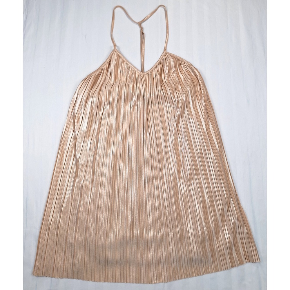 Stone Row Pleated Metallic Mini Dress Rose Gold‎ Champagne T-Back Small